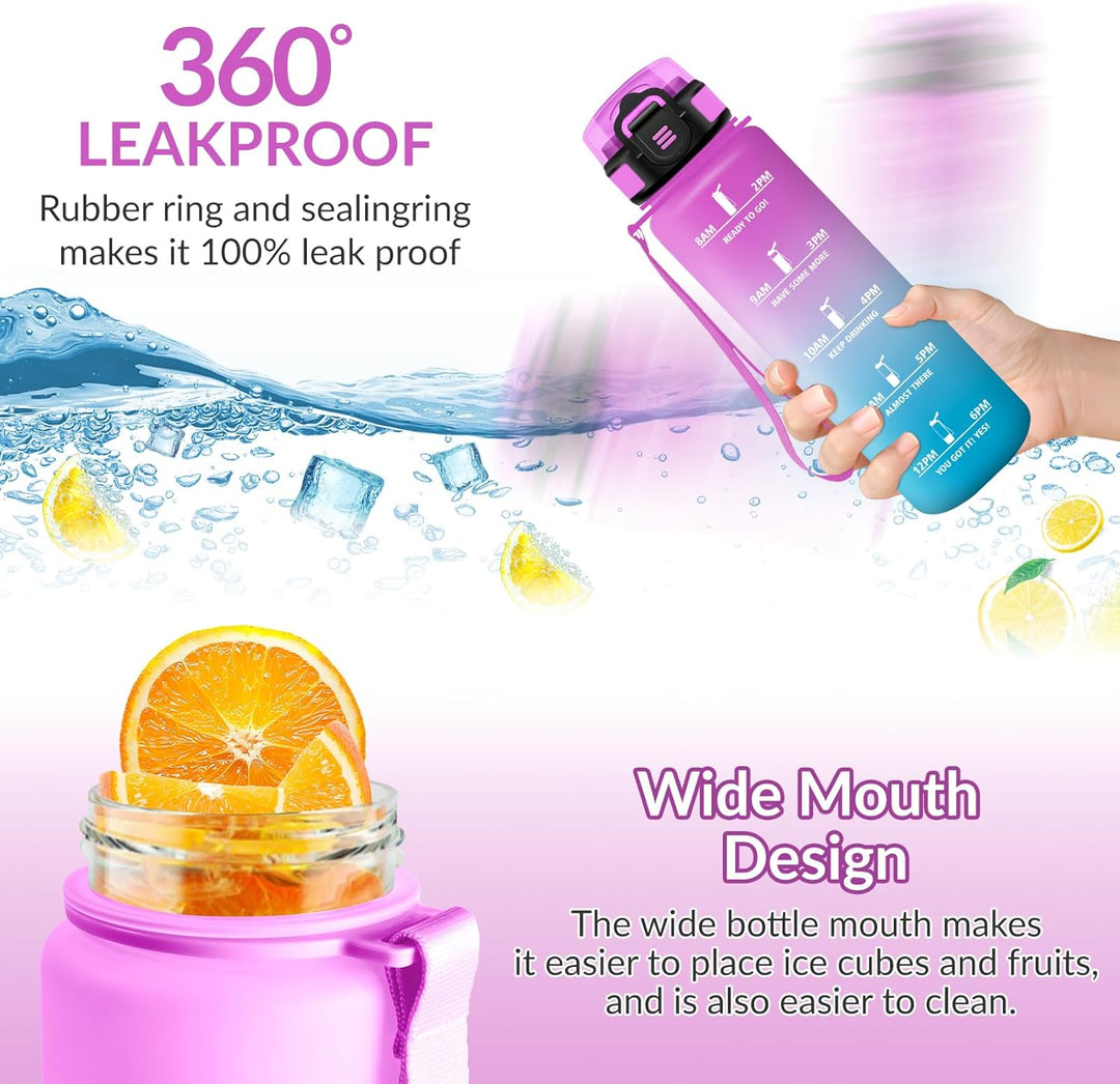 HoneyHolly Trinkflasche 1L mit Strohhalm, Trinkflasche Kohlensäure Geeignet, Wasserflasche Sport mit