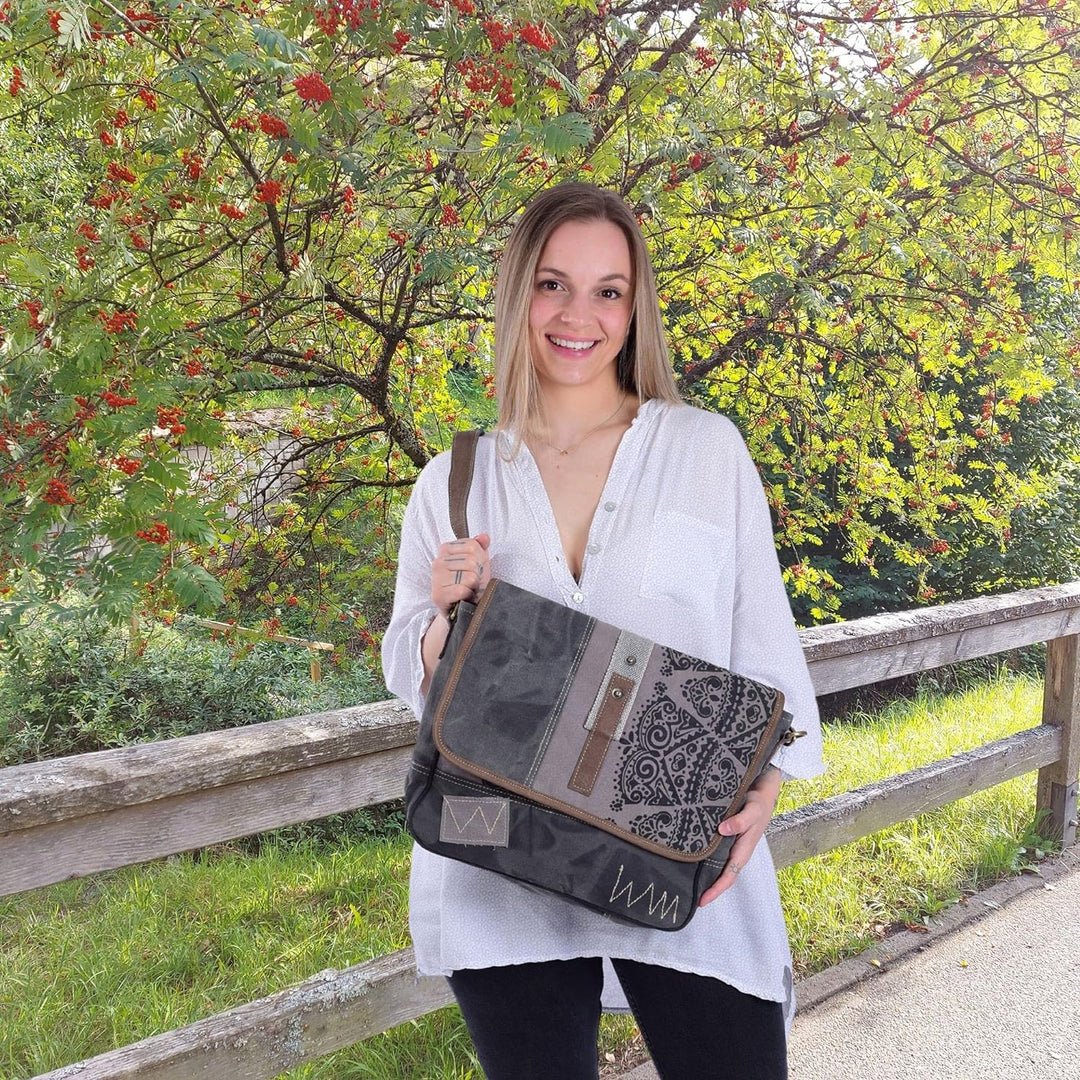 Sunsa Damen Umhängetasche/Messenger Tasche aus grauem Canvas. Grosse Crossbody Bag Geschenkideen für