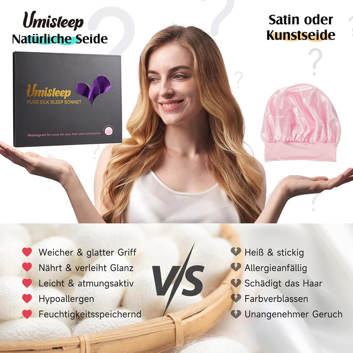 Umisleep 22 Momme Schlafmütze aus 100% Maulbeerseide, doppelseidige weiche Nachtmütze für lockiges H
