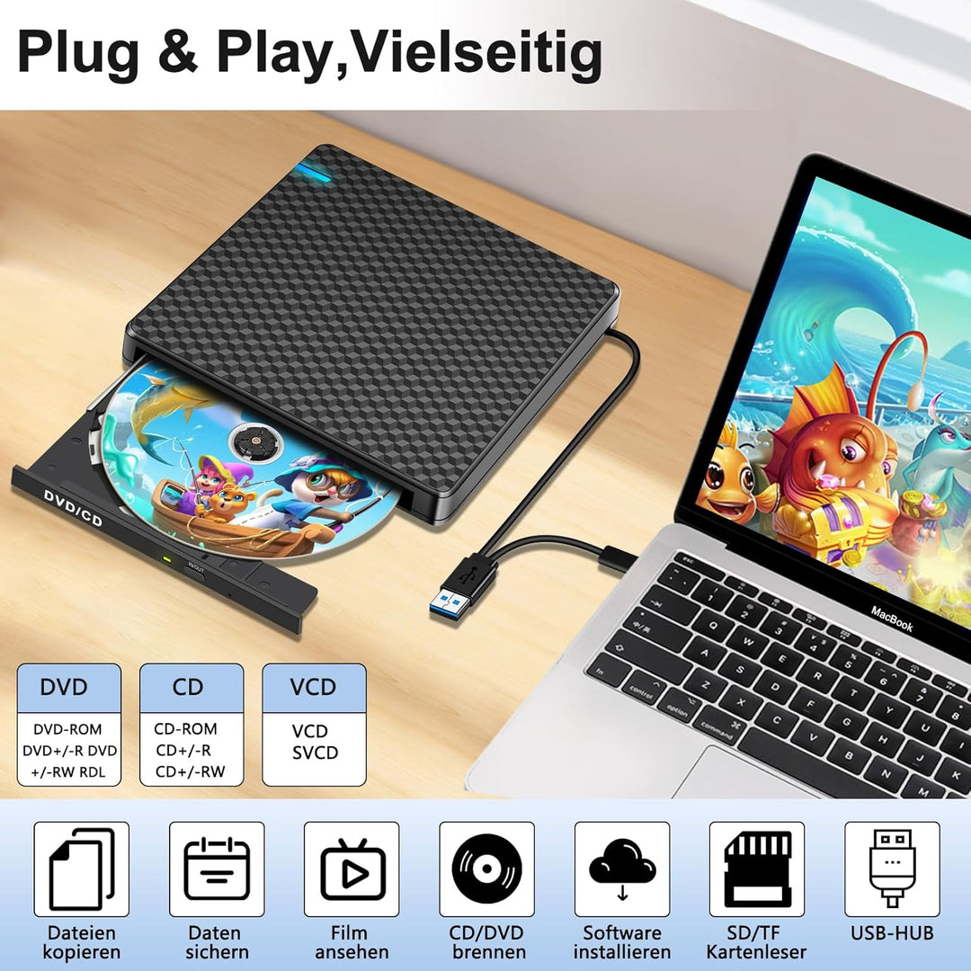 NOLYTH Externes DVD Laufwerk USB-C: CD Laufwerk Extern USB mit SD/TF Slot/2 USB Ports Plug & Play -