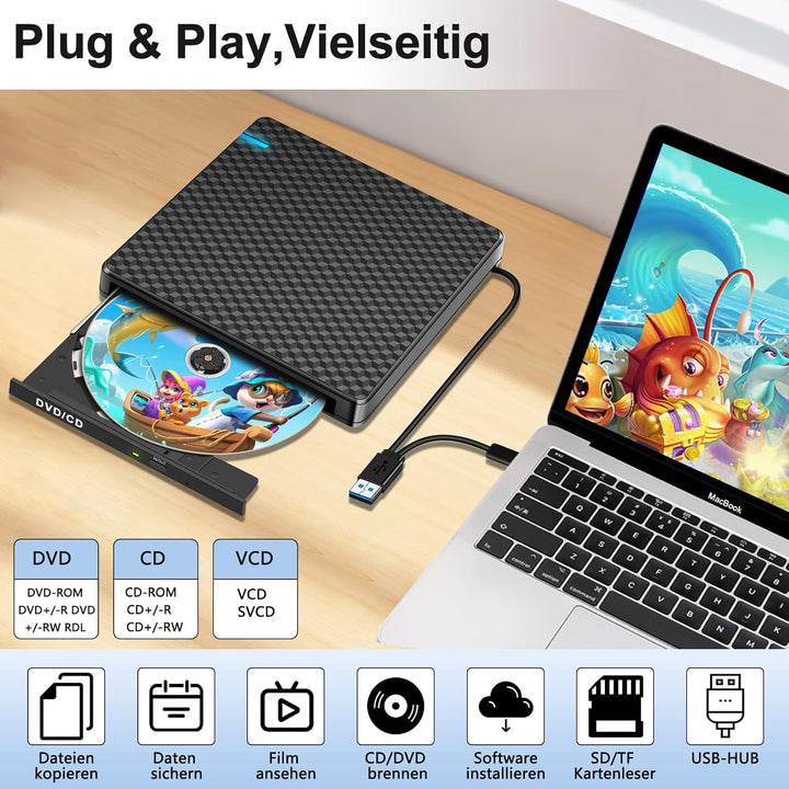 NOLYTH Externes DVD Laufwerk USB-C: CD Laufwerk Extern USB mit SD/TF Slot/2 USB Ports Plug & Play -