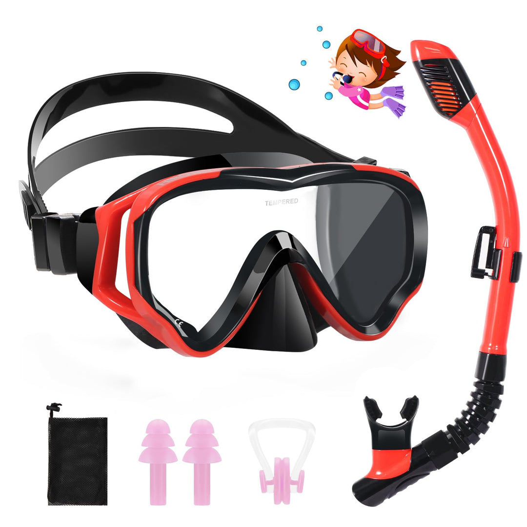 Schnorchelset Kinder, HIKOTEY Trocken Schnorchelset Kinder Anti-Fog Panorama, Anti-Leck Tauchmaske D