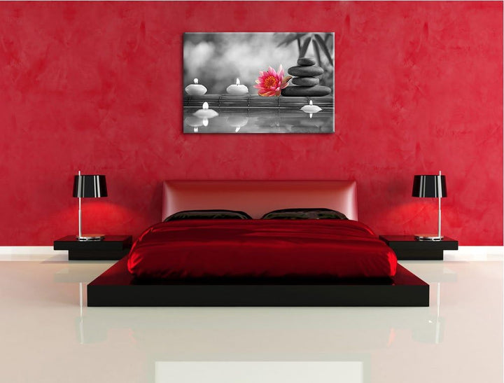 Seerose neben Zen Steinen und Kerzen schwarz/weiss Format: 100x70 auf Leinwand, XXL riesige Bilder f