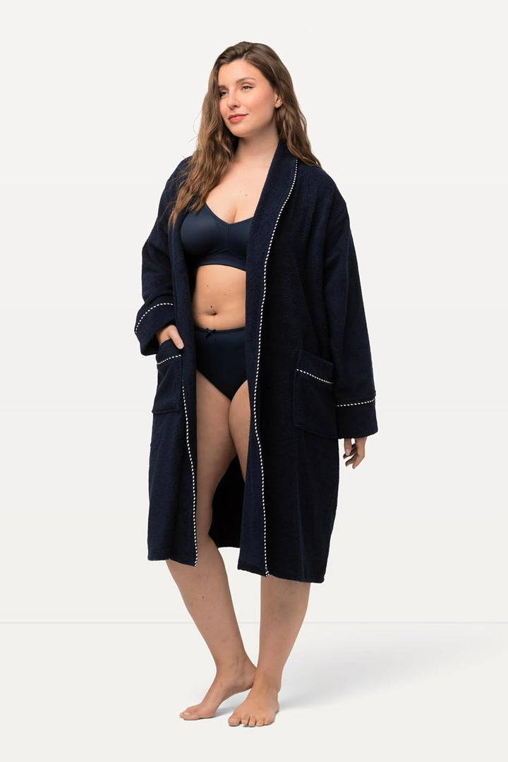 Ulla Popken Damen Bathrobe, Woven Terry Bademantel 42-44 nachtblau, 42-44 nachtblau