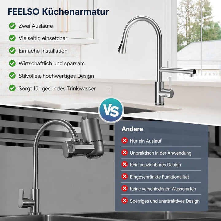 FEELSO Küchenarmatur mit Filter, 2-in-1 Wasserhahn Küche Ausziehbar mit 2 Strahlarten, 360° Drehbare