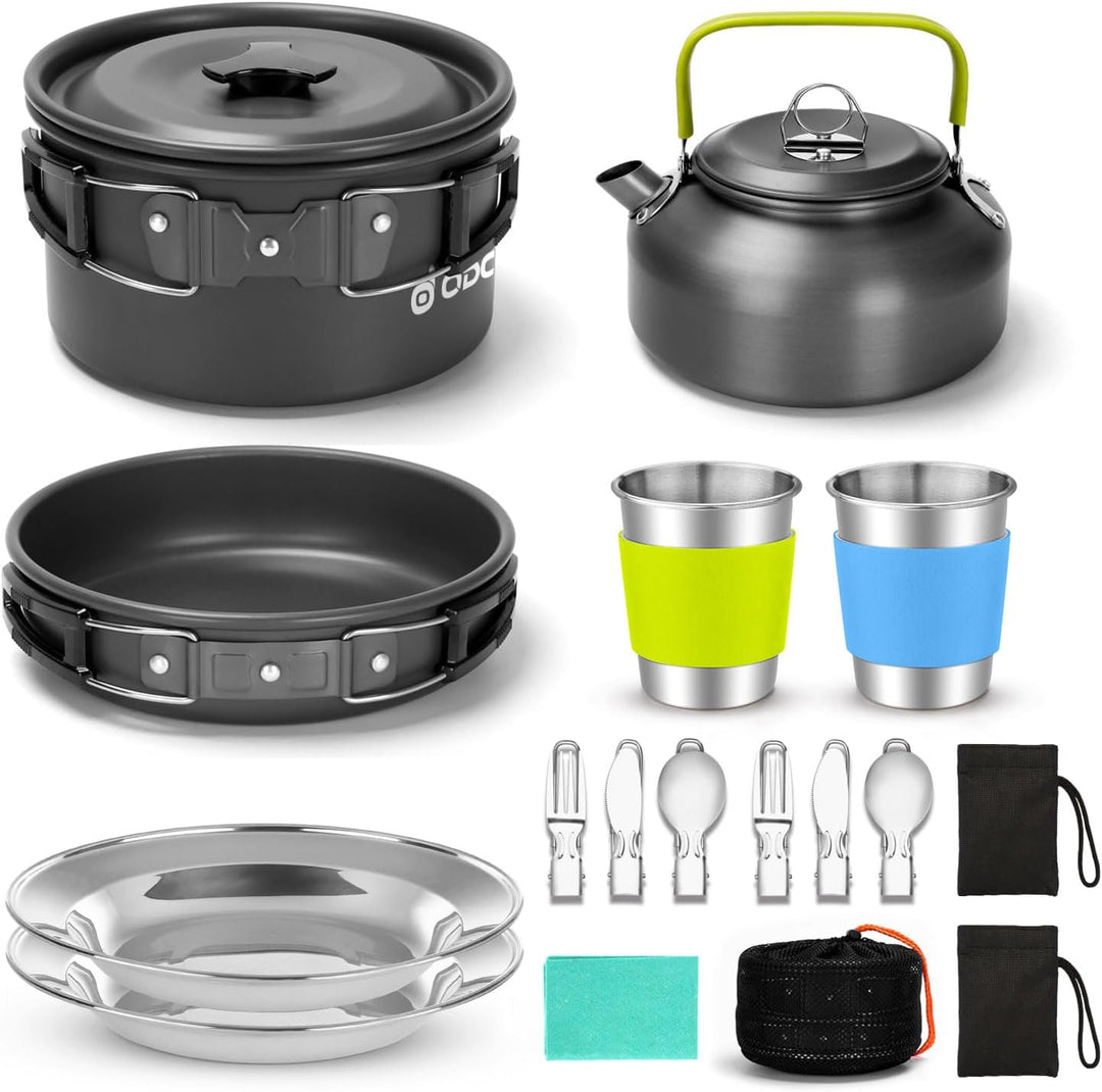 Odoland Camping Geschirr Set Kochset Topfen mit 0.8 L Teekessel Campingbesteck und Becher Leicht Alu