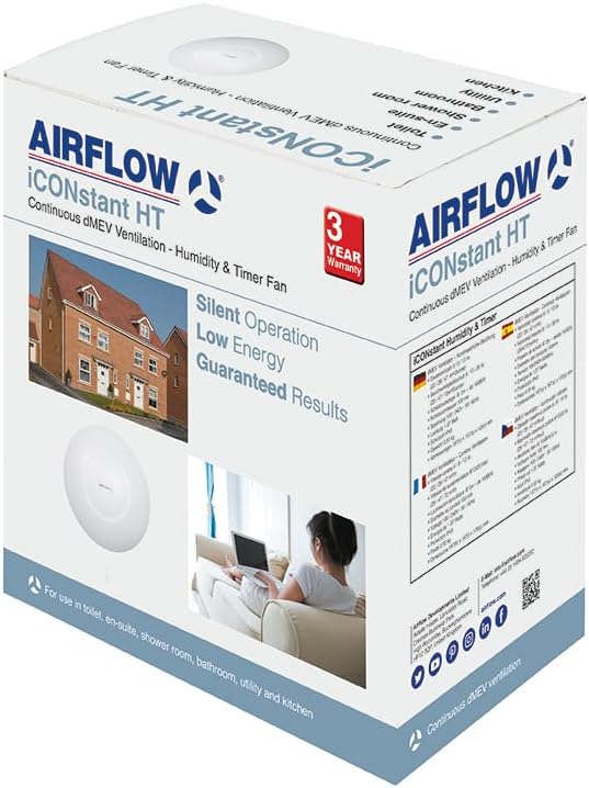 Airflow iCONstant Feuchte-Timer dMEV Lüfter – Leise (10 dB), Dauerlüftung, 1,21W Motor, einstellbare