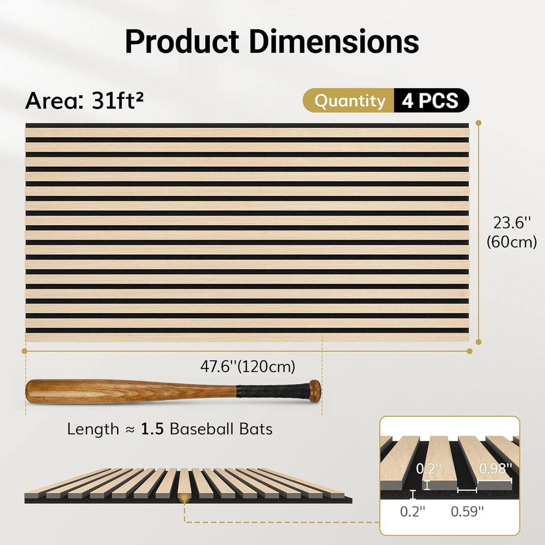 TONOR Akustikpaneele holz, 4 Stück 120 x 60cm - 2,88m² Wandpaneele holz Holzpaneele wand als Schalls