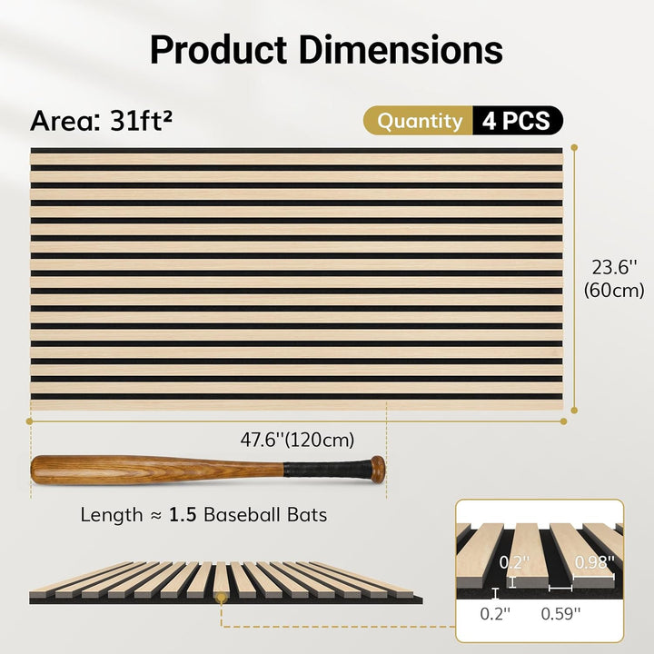 TONOR Akustikpaneele holz, 4 Stück 120 x 60cm - 2,88m² Wandpaneele holz Holzpaneele wand als Schalls