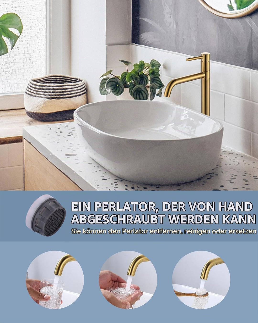 ARCORA Wasserhahn Bad,Hochdruck Waschtischarmatur Hoch aus Kupfer 360° Schwenkbar mit Auslauf Höhe 2