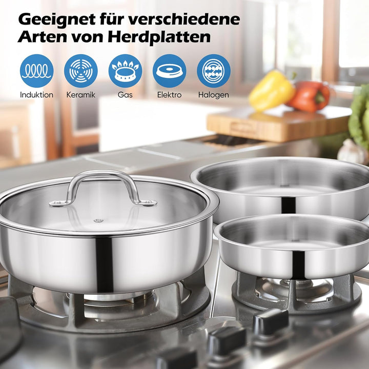 Joyfair Topfset, 9-Teilig Edelstahl Pfannenset mit Abnehmbarer Griff, Stapelbar Induktion Topfsets m