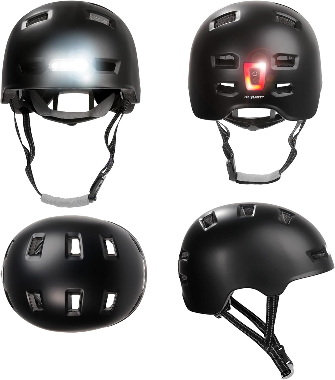 Crazy Safety Vertigo Matt Schwarz Fahrradhelm mit Vorder- und Rücklicht USB | Skater-Helm für Roller