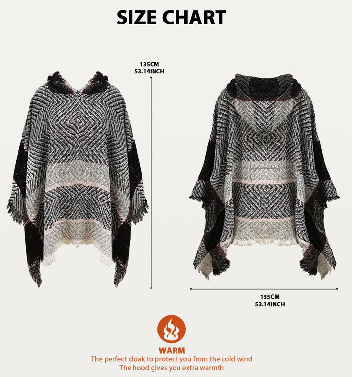 JFAN Knitted Ponchos With Fringes For Women Strick Ponchos Capes Hooded Scarf Warm Poncho Hellgrau,