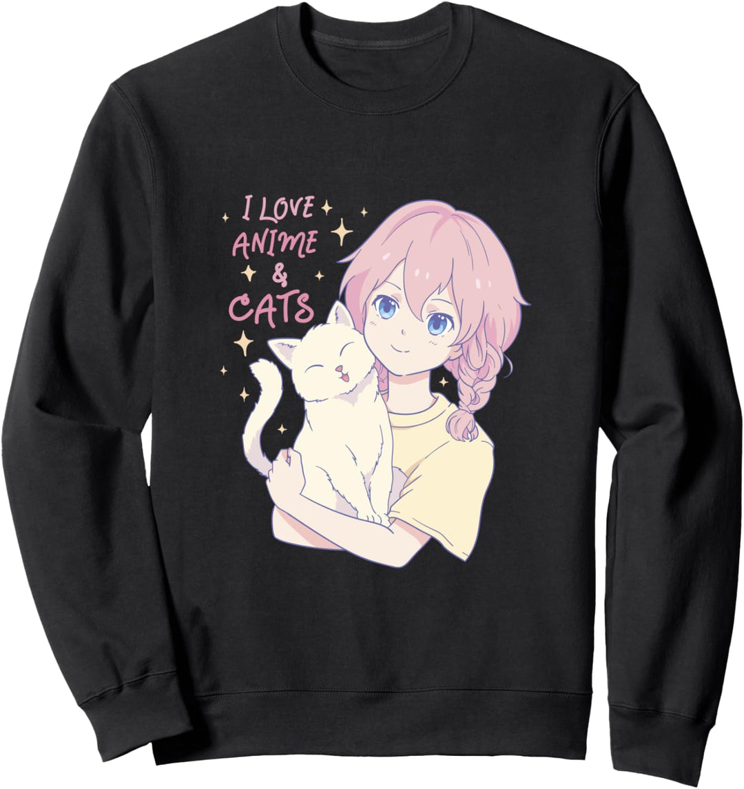 I Love Anime and Cats Cute Girl Pink Hair and Pet Grafik Sweatshirt