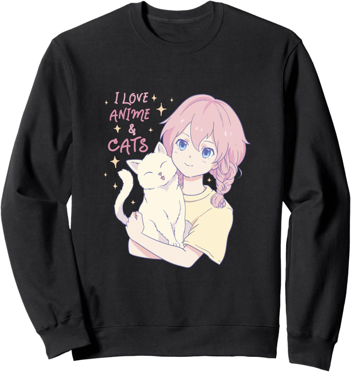 I Love Anime and Cats Cute Girl Pink Hair and Pet Grafik Sweatshirt