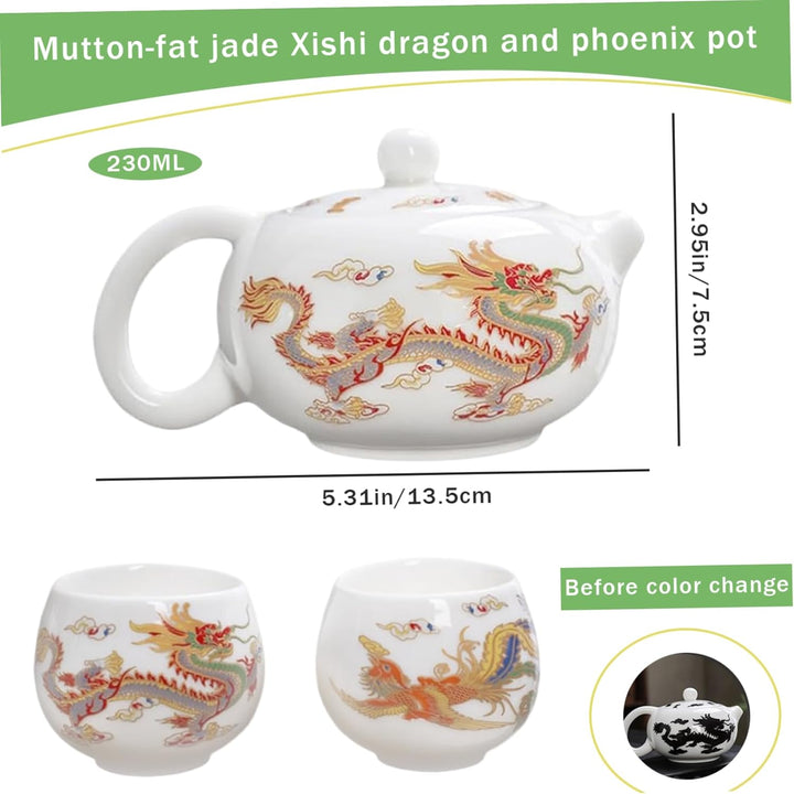 Jorzer Keramik-Teekanne mit 2 Tassen Drache und Phönix Farbwechsel chinesische Teekanne mit Henkel u