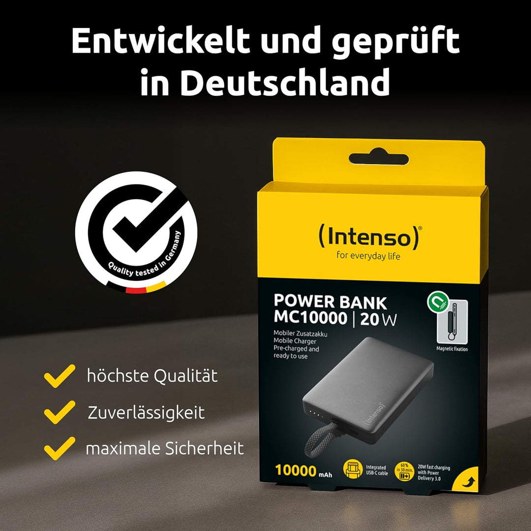 Intenso MC10000 Powerbank mit magnetischer Rückseite und integriertem USB-C Kabel, 10.000 mAh, Ultra