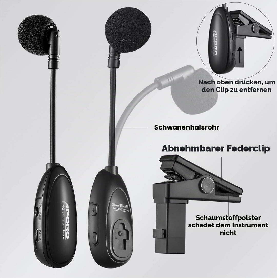 VOEMPHI 2.4G Drahtloses Saxophon Mikrofon Clip auf Musikinstrumente Mikrofon, Drahtloser Empfänger u