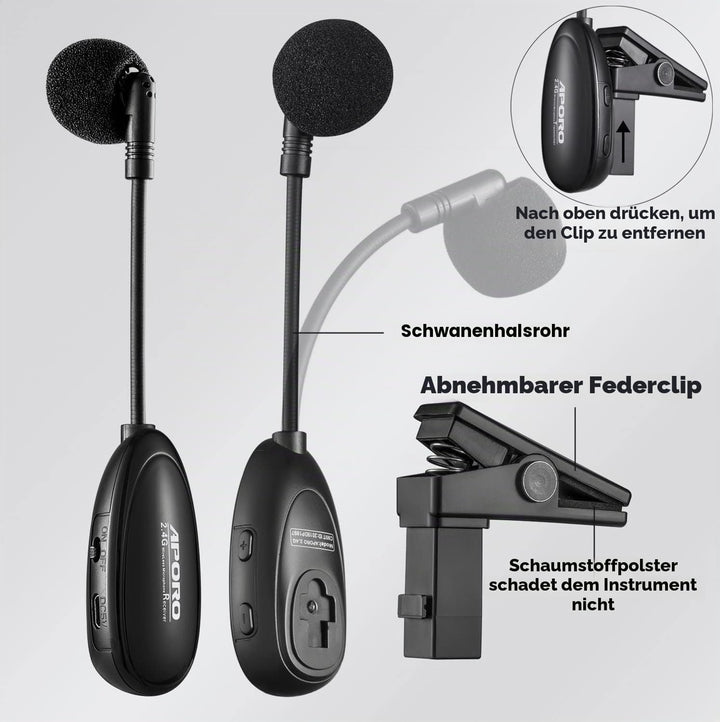 VOEMPHI 2.4G Drahtloses Saxophon Mikrofon Clip auf Musikinstrumente Mikrofon, Drahtloser Empfänger u