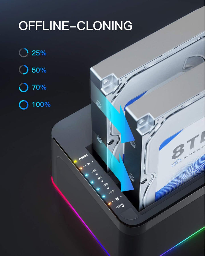 Inateck RGB Festplatten Dockingstation USB 3.0 mit Offline-Klonfunktion, für 2.5 u. 3.5 Zoll SATA HD