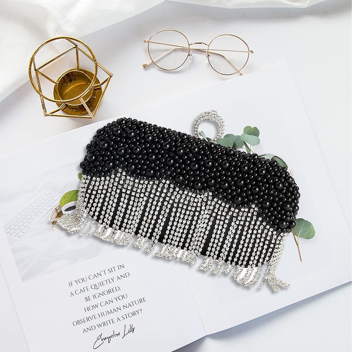CORIOS Damen Clutch Perlen Strass Fransen Abendtasche Braut Handtasche Abnehmbarer Kette Umhängetasc