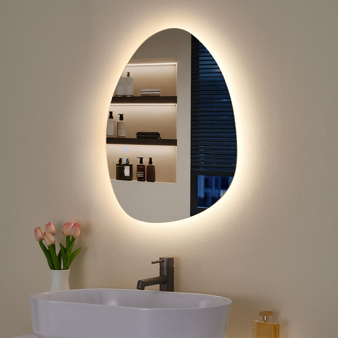 Spiegel mit Beleuchtung Asymmetrischer LED Badspiegel 60 × 45cm mit Touch-Schalter, Dimmbar 3 Lichtf