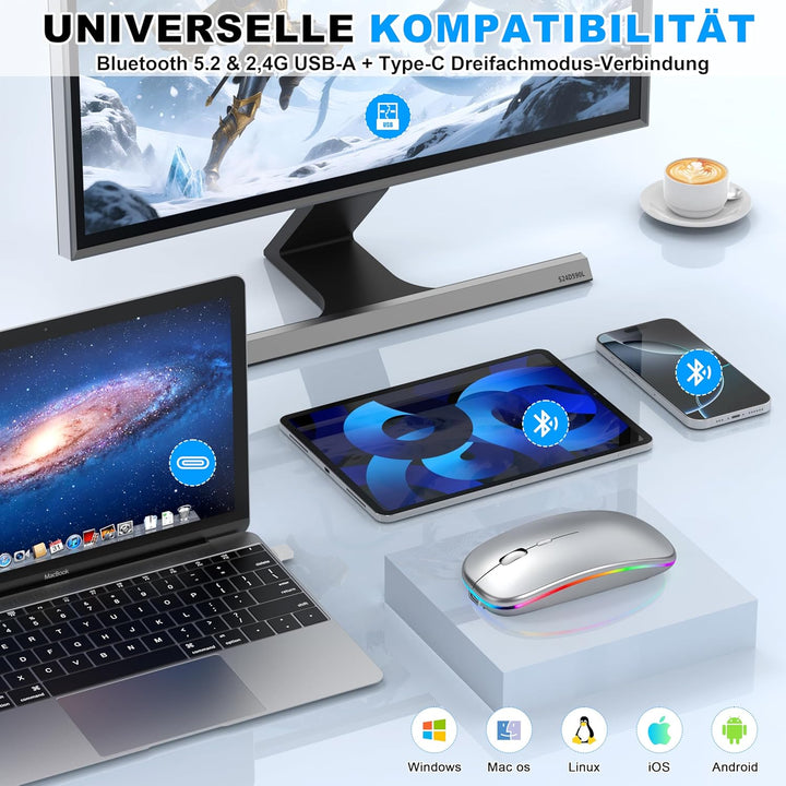 Kabellose Maus mit Jiggler-Modus – Bluetooth 5.2 & 2.4G Funk, für Laptop, PC, iOS, Android, iPad & W