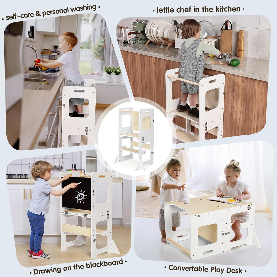 Labebe Lernturm ab 1 Jahr, Montessori Learning Tower mit Tafel, 3 in 1 Multifunktion Lernturm Klappb