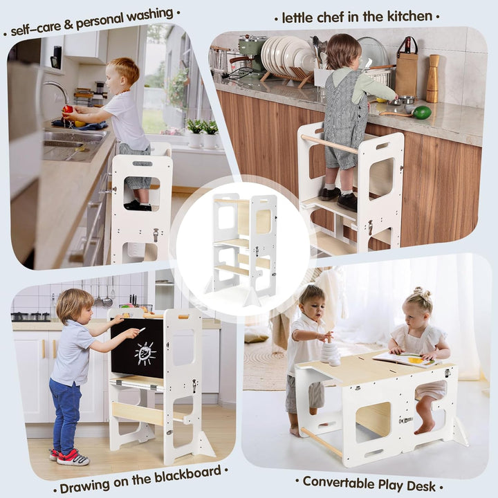 Labebe Lernturm ab 1 Jahr, Montessori Learning Tower mit Tafel, 3 in 1 Multifunktion Lernturm Klappb