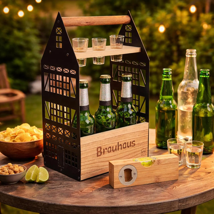 UNUS Brauhaus Bierträger für 6 Flaschen aus Bambus und Metall mit Schnapsglashalter Fachwerkoptik in