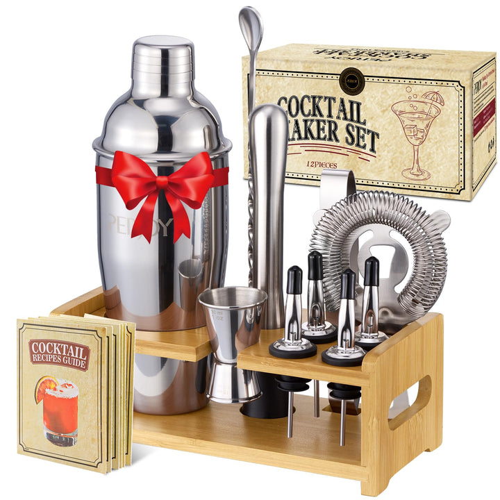 Perjoy 12pcs Cocktail Shaker mit Ständer, Rostfreie Stähle Cocktail Set Mit Doppelten Jigger, Einer