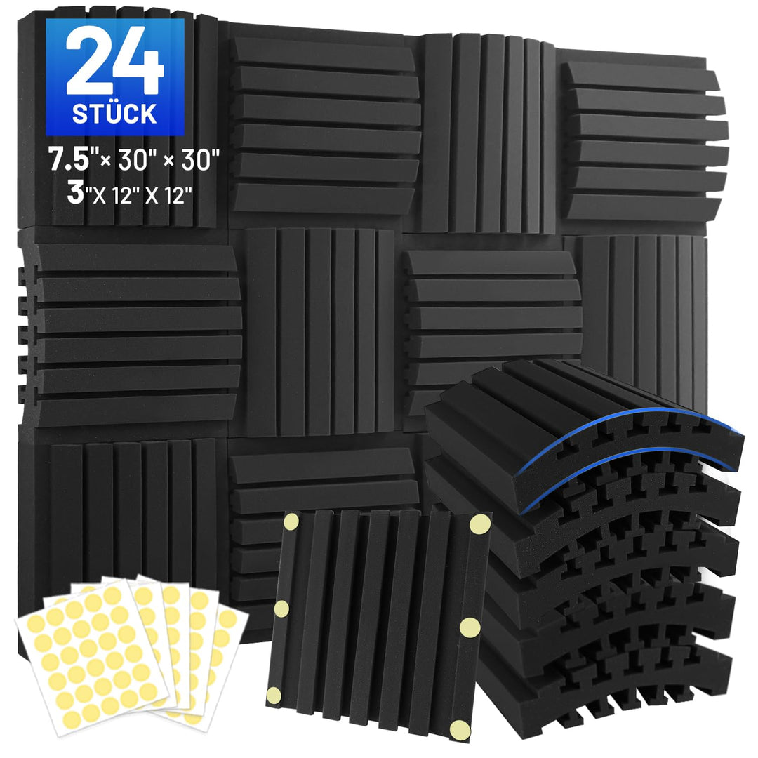 24 Stück Akustikschaumstoff Schallschutzplatten, 7.5 X 30 X 30 CM (3" X 12" X 12"), Schalldämmung Se