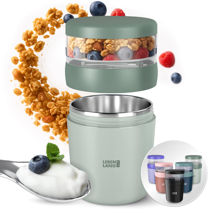 LEBENLANG Müsli To Go Becher mit Löffel - 650ml &amp; Isolierende Edelstahlinnenwand I Müsli 2 Go Becher