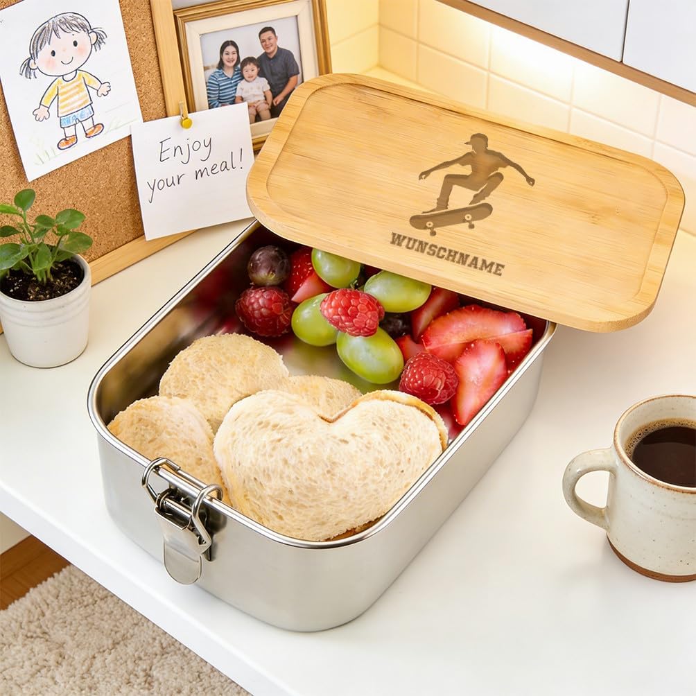 LIEBTASTISCH® Personalisierte Brotdose mit Wunschname - Skateboarder Silhouette - Edelstahl Junge Sk