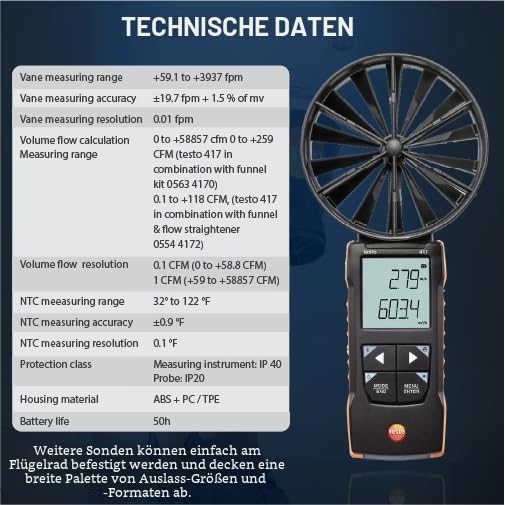 testo - 417 - 0563 0417 - Digitales 100 mm-Flügelrad-Anemometer mit App-Anbindung zur Messung von Lu