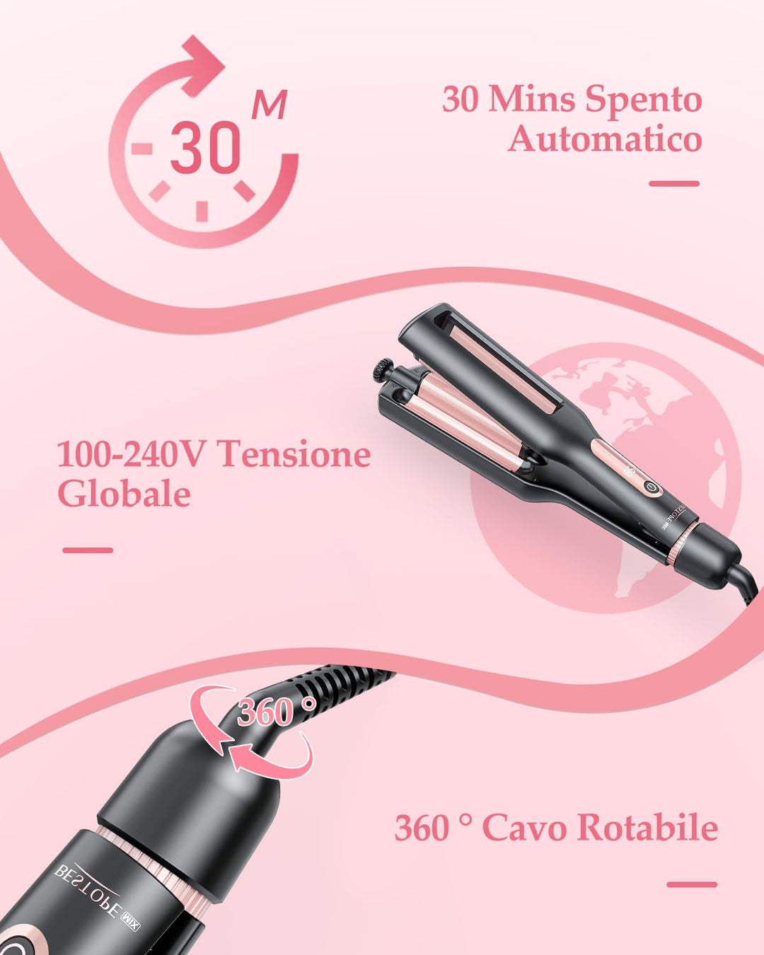 4 In 1 Einstellbar Welleneisen für Haare - 22/25/32/38mm Lockenstab für Beach Waves/Natürlich Wellen