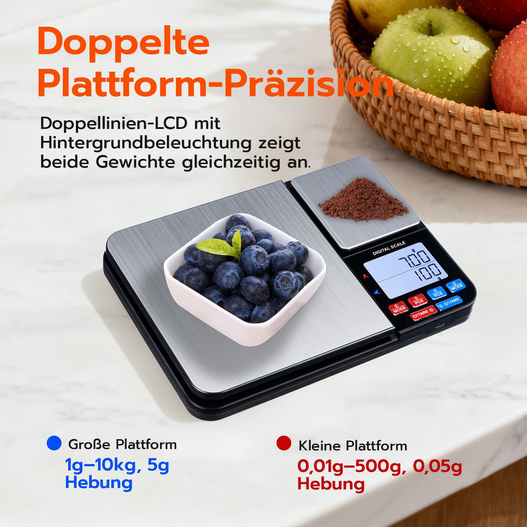 Wigearss Küchenwaage Digital mit Dual Plattform 10kg/1g und 500g/0.01g, Doppelfunktion Küchen Feinwa
