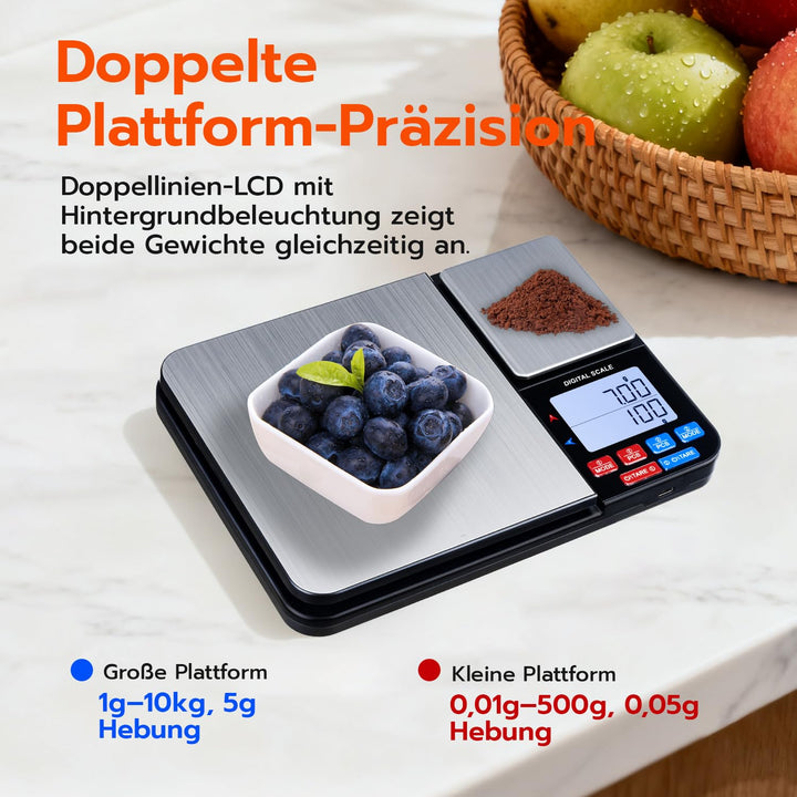 Wigearss Küchenwaage Digital mit Dual Plattform 10kg/1g und 500g/0.01g, Doppelfunktion Küchen Feinwa