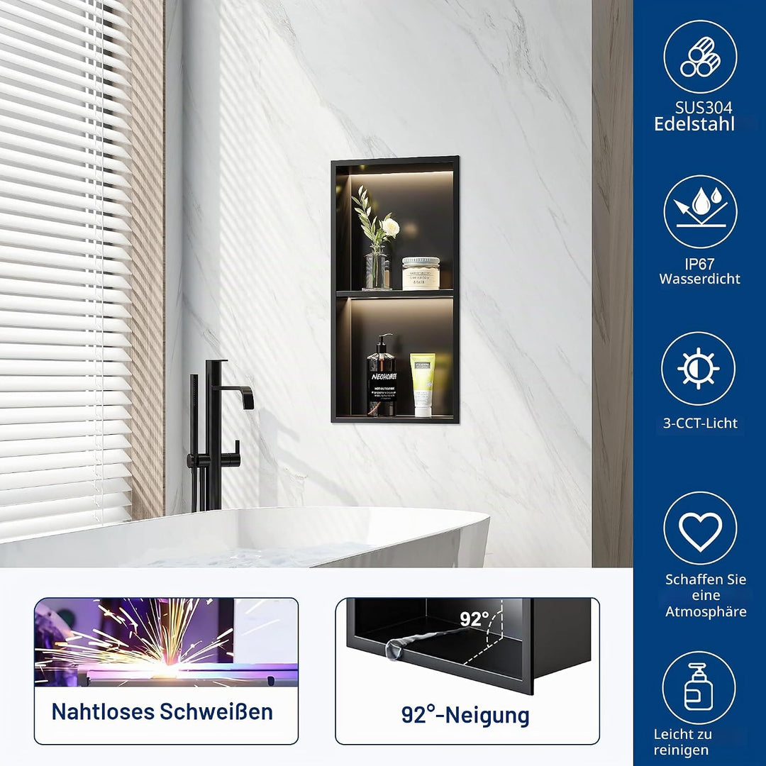 Wandnische Dusche Edelstahl mit LED-Licht, Eingebettete Duschnische mit Regal 60x30cm mit Farbtemper