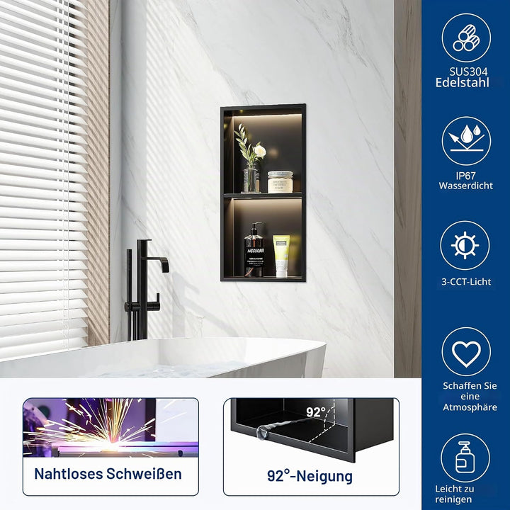 Wandnische Dusche Edelstahl mit LED-Licht, Eingebettete Duschnische mit Regal 60x30cm mit Farbtemper