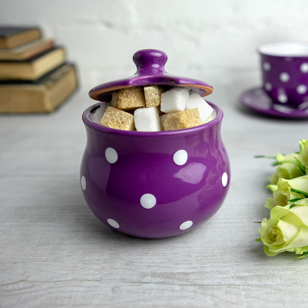 City to Cottage® - Keramik Geschirr Zuckerdose | Lila und Weiss | Polka Dots | Handgemacht | Keramik