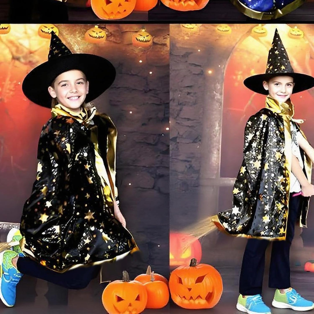 Zauberer Kostüm Kinder,4 Stück Zauberumhang Hexenhut Zauberstab Maske,Halloween FaschingskostüMe für