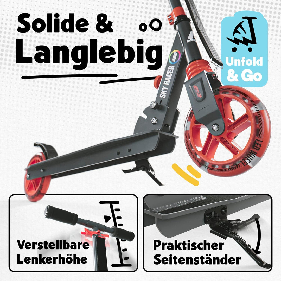 Apollo Skyracer City Roller mit LED Leuchträdern | Roller Kinder 6 Jahre | City Scooter mit Federung