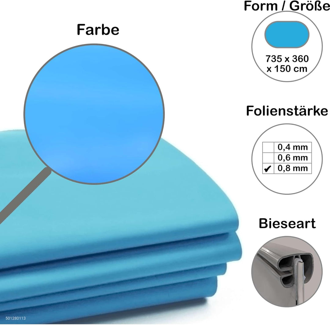 CF Premium Poolfolie für Ovalpool, 735 cm x 360 cm x 150 cm, Stärke: 0,8 mm, blau, Einhängebiese