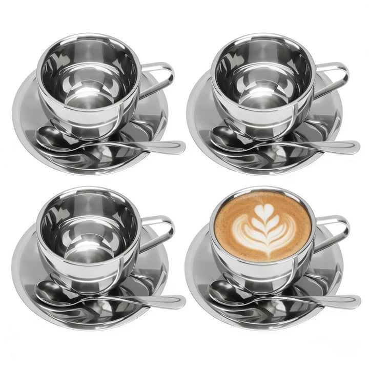 4 Stück Edelstahl Kaffeetassen Set 180ml Doppelwandig Kaffeetassen Metall Espresso Tasse Espressotas