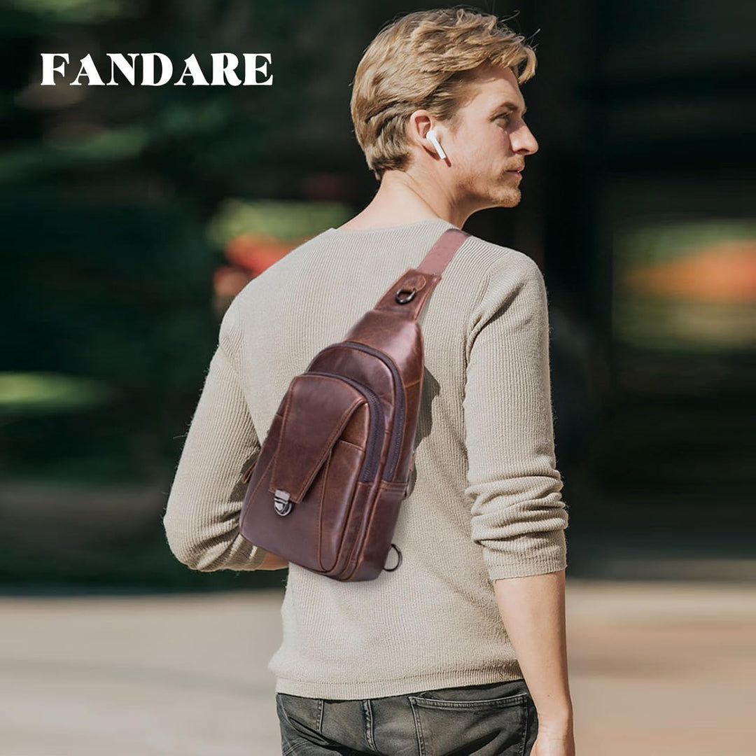 FANDARE Retro Brusttasche Leder Schultertasche Herren Sling Bag Geschäft Chest Bag Wasserdicht Umhän