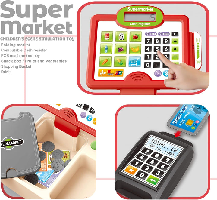 RedCrab Spielzeug Kasse Kinder, Supermarktkasse Spielkasse Rollenspielzeug Kasse mit Rechnerfunktion