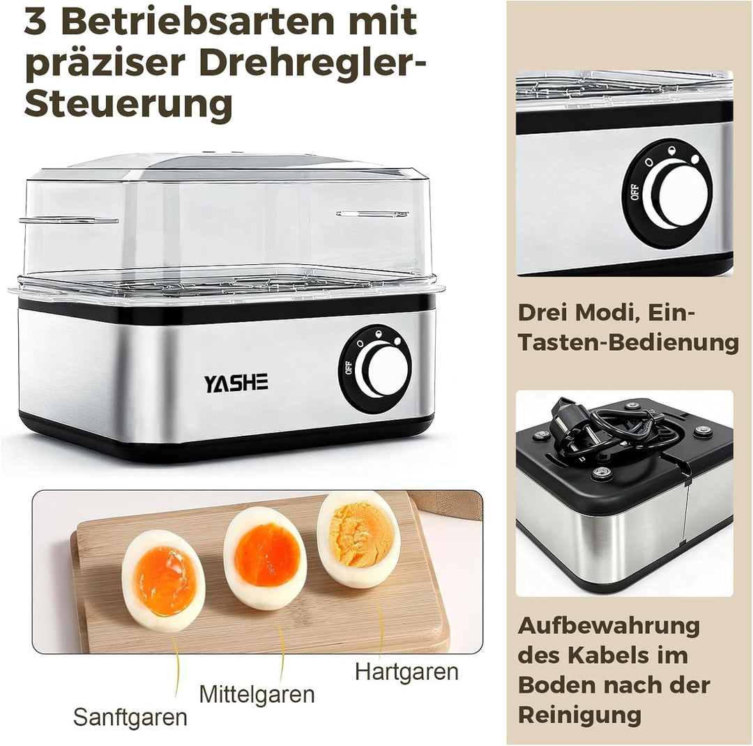 YASHE Eierkocher, Edelstahl-Elektro-Eierkocher für 8 Eier für weich, mittel und hart gekochte Eier,