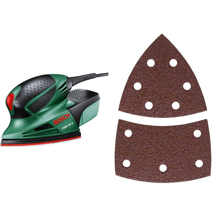 Bosch Multischleifer PSM 100 A (100 Watt, im Koffer) + 10 Stück Schleifblatt (für Farbe, Lack, Hart-