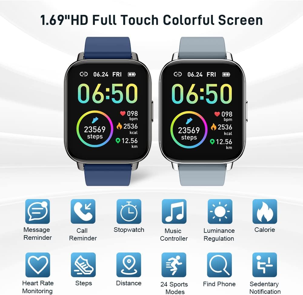 Smartwatch, Fitnessuhr 1.69” Voll Touch Smart Watch Fitness Tracker Schrittzähler Pulsuhr, IP68 Wass